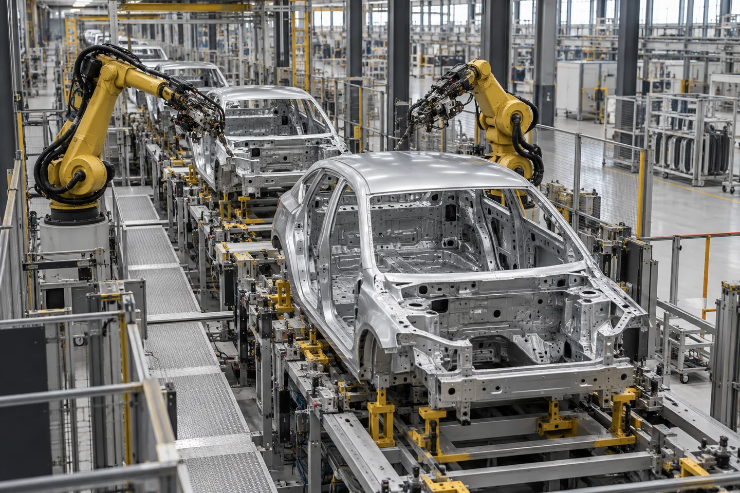 Une ligne d’assemblage robotisée dans une usine automobile.